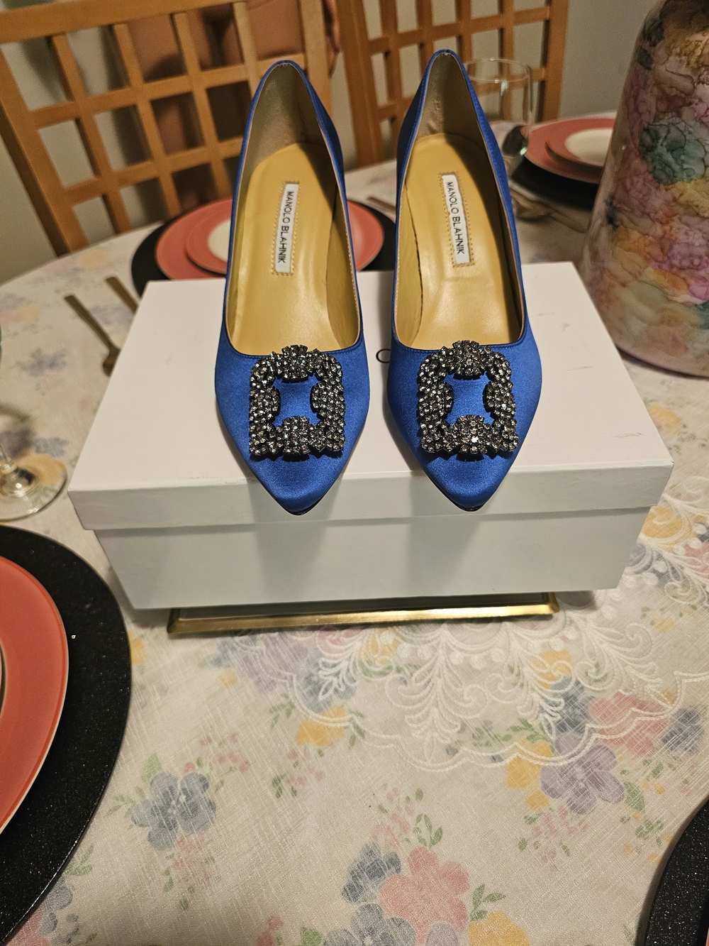 Manolo Blahnik Blue Satin Pointed Toe Embellished Pumps